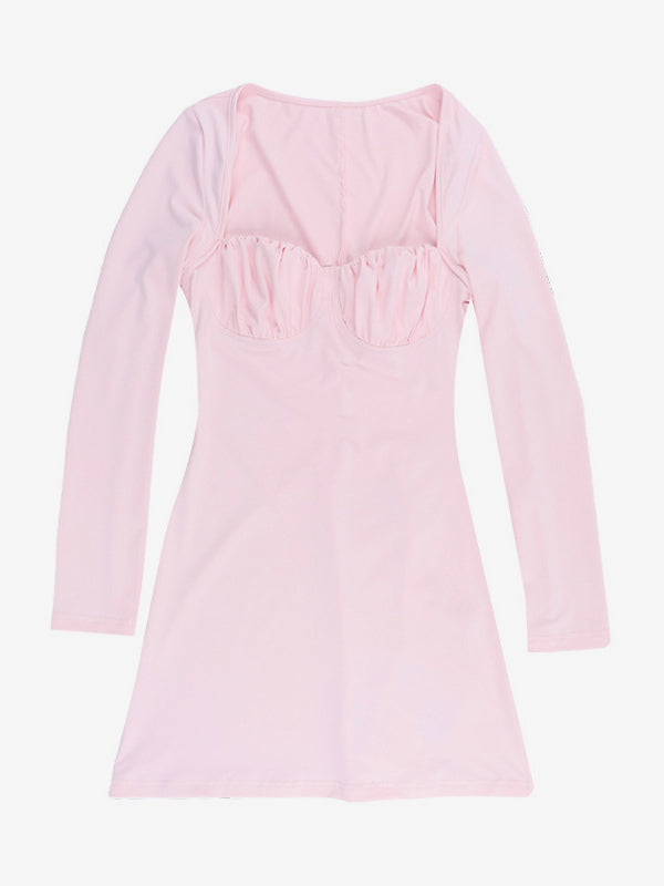 Coquette Bodycon Mini Dress For Women - Pastel Pink Long Sleeve Ruched Bust - Spring Brunch Date Night Outfits 2026