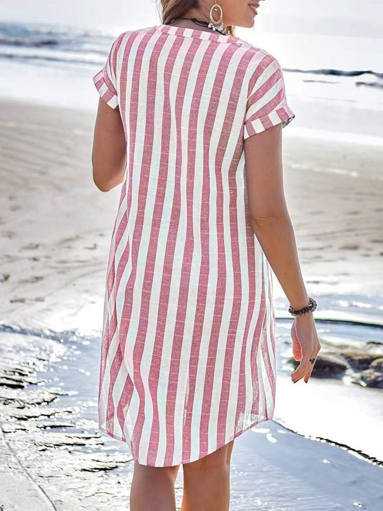 Vertical Striped Women's Shirt Dress - Short Sleeve Button Down Midi Dress - Summer Beach Vacation 2026