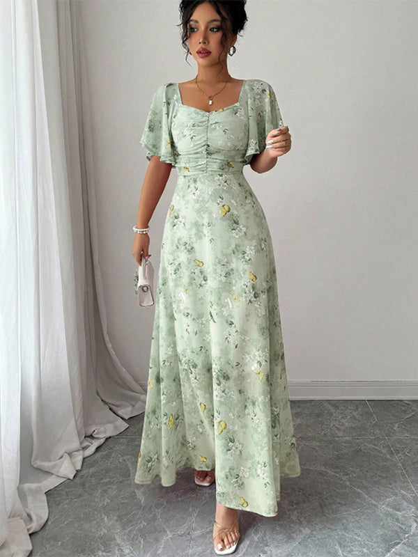 Butterfly Print Women's Chiffon Maxi Dress - Ruched Bust Flutter Sleeve Date Night Dress - Summer Garden Wedding Guest 2026
