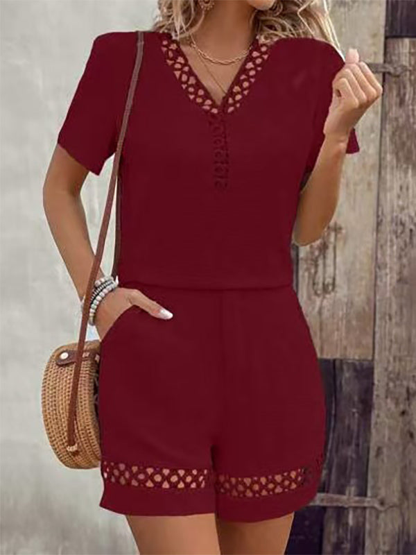 Eyelet Lace Women 2 Piece Set - Solid Color V Neck Top & Shorts Co-ord - Summer Casual Holiday 2026
