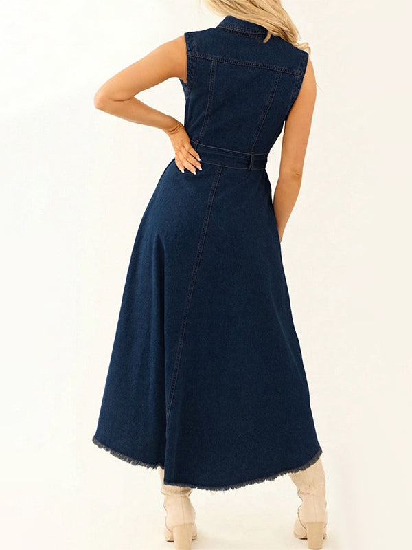 High Low Denim Midi Dress For Women - Medium Wash Sleeveless Bow Tie Waist Gown With Pockets - Summer Festival Wear 2026