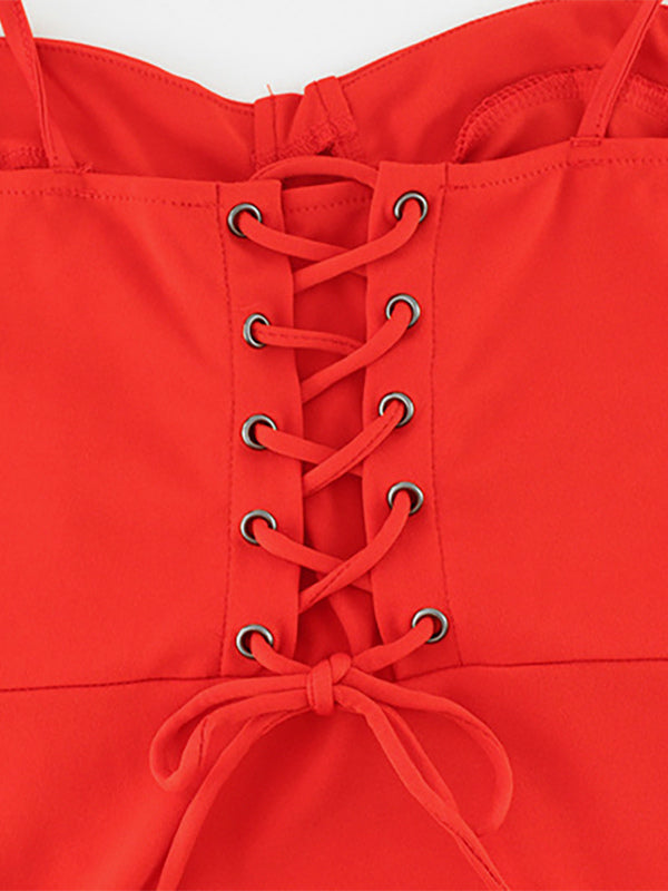 Red Bodycon Ruffle Slip Dress For Women - Slim Fit High Slit Asymmetrical Long Cami - Summer Night Out Party 2026