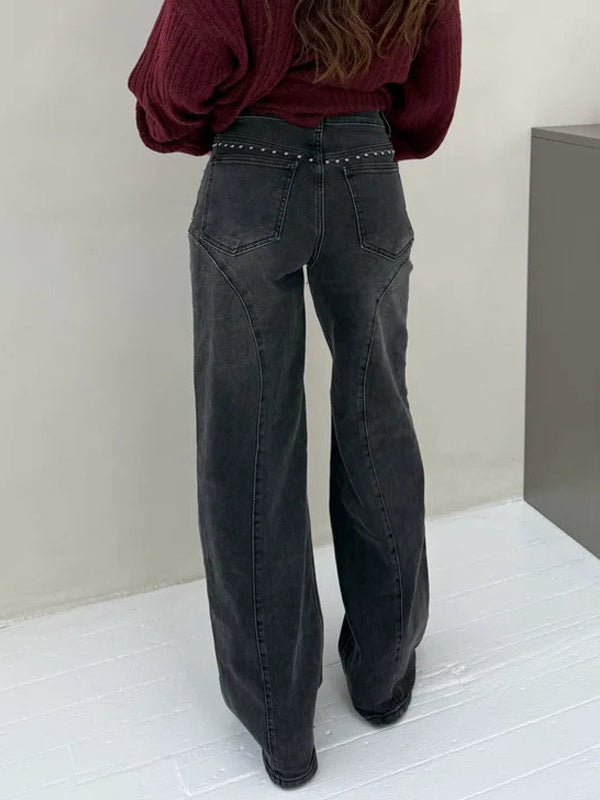 Studded Straight Leg Jeans For Women - Medium Wash Retro Rivet Detail Wide Leg Denim - Spring Night Out Fashion 2026