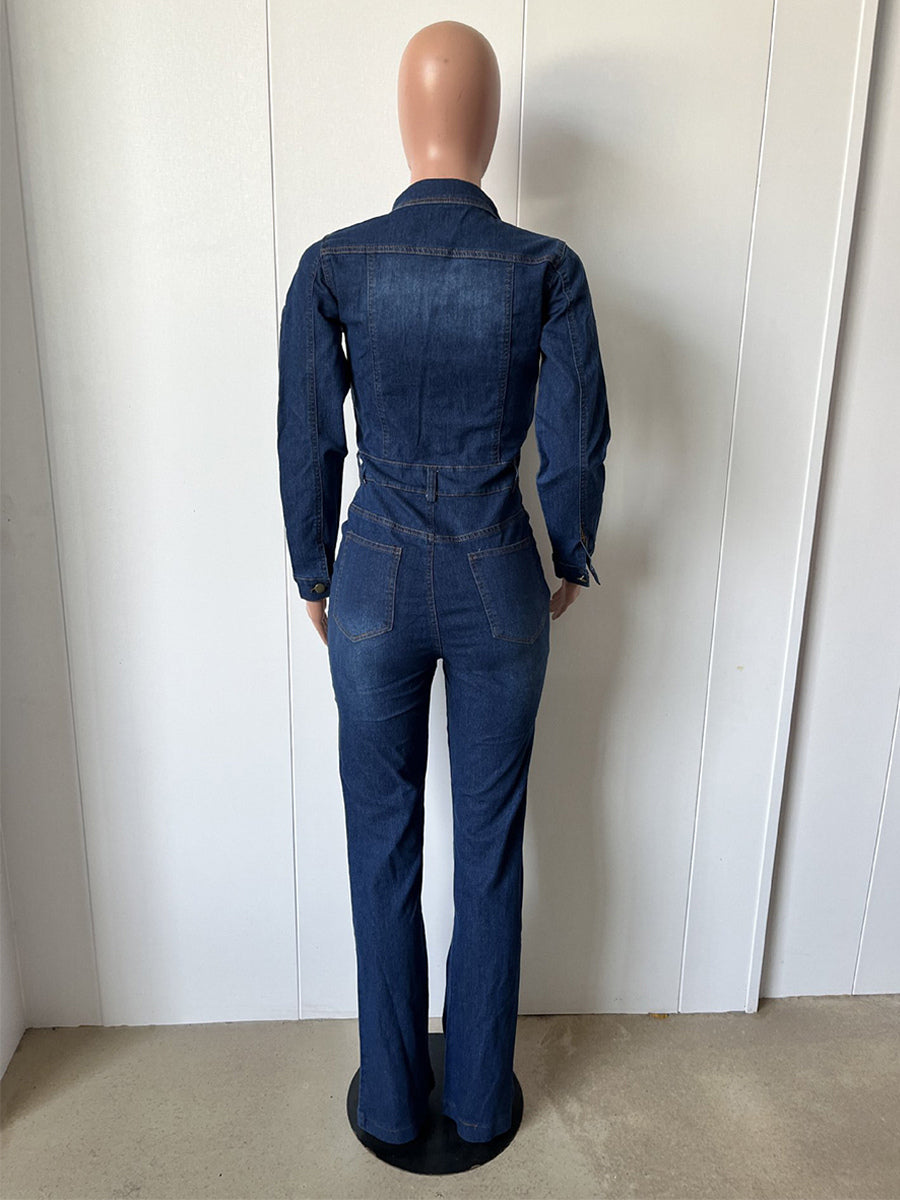 Washed Denim Flare Jumpsuit For Women - Dark Blue Long Sleeve Cotton Bootcut Romper - Spring Streetwear 2026