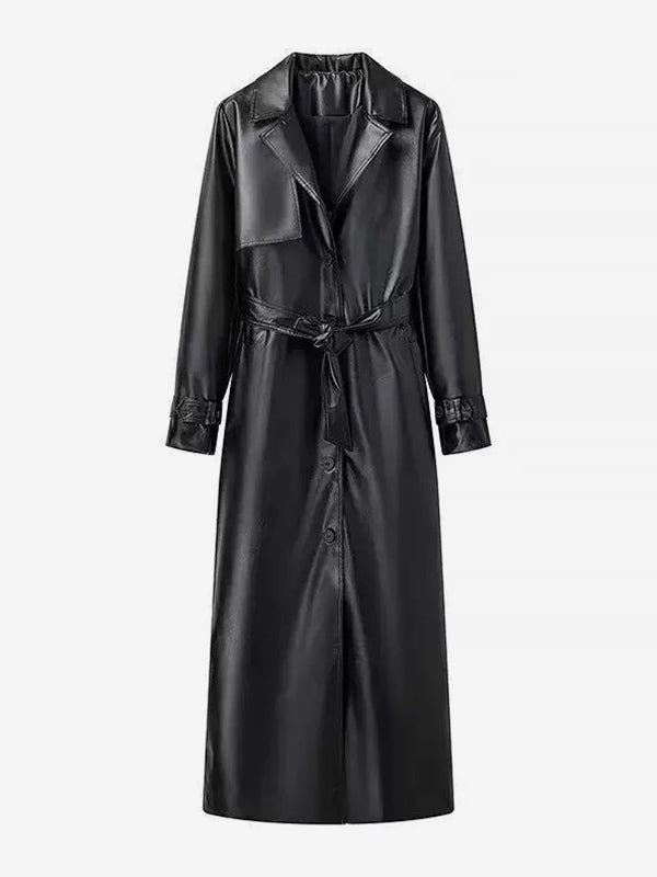 Faux Leather Trench Coat Women - Single Breasted Belted Maxi Jacke - Spring Chic Street Outerwear 2026