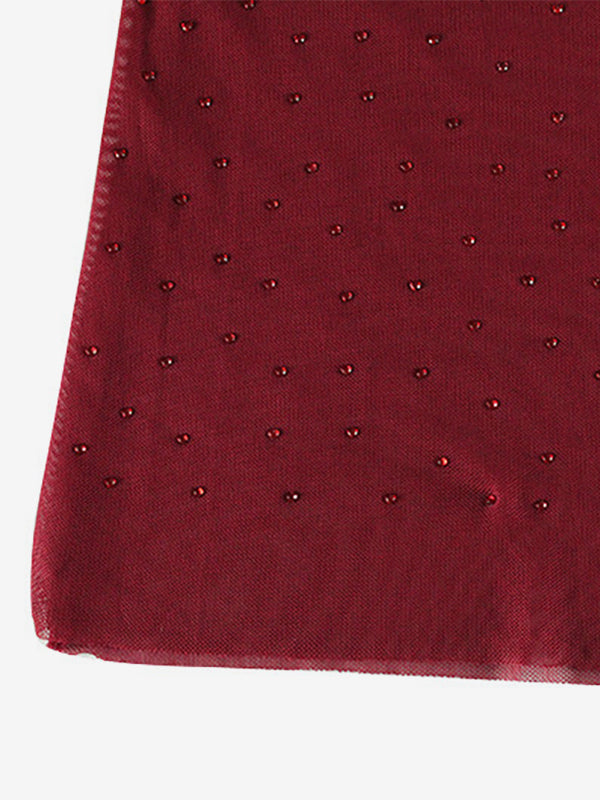 Rhinestone Mesh Maxi Dress For Women - Red Sheer High Neck Long Sleeve Bodycon Cover Up - Summer Clubwear Partywear 2026