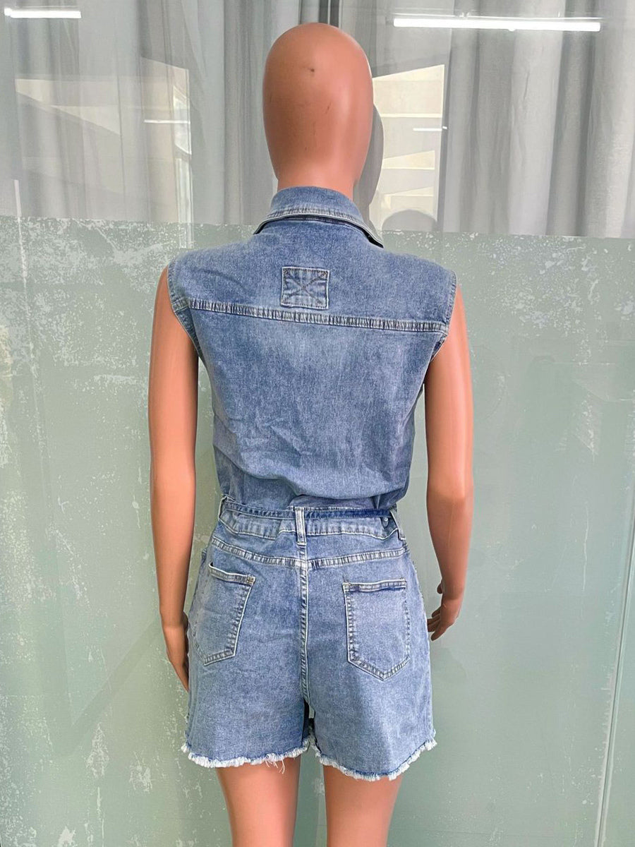 Sleeveless Denim Romper For Women - Light Blue Distressed Tie Waist One Piece Shorts - Summer Clubwear 2026