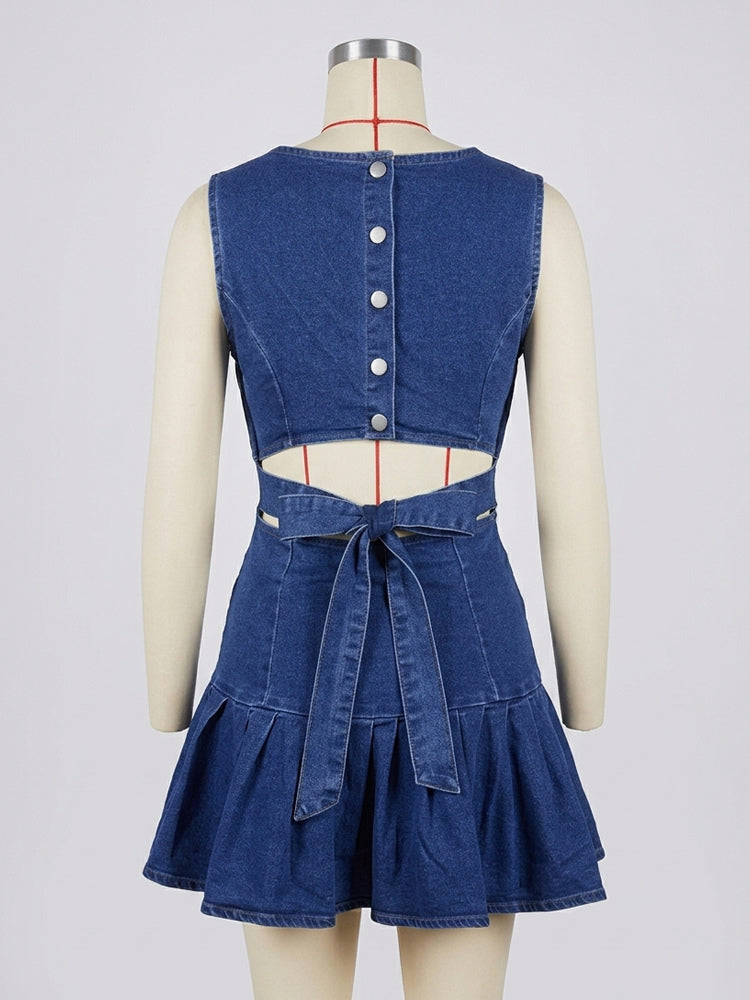 Sleeveless Pleated Denim Mini Dress For Women - Sexy Backless Tie Cutout Slim Fit - Summer Beach Streetwear 2026