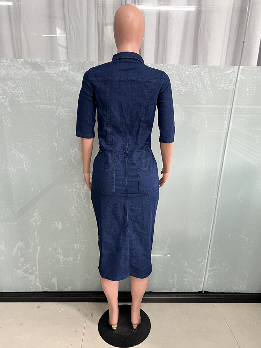 Washed Bodycon Denim Midi Dress For Women - Blue Fitted Button Front Pencil Dress - Spring Casual Streetwear 2026