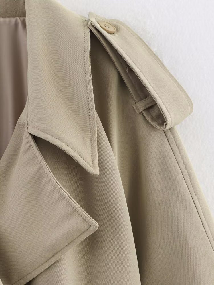 Short Trench Coat For Women - Khaki Chic Tie Waist Double Breasted Cropped Windbreaker - Spring Office Casual Outerwear 2026