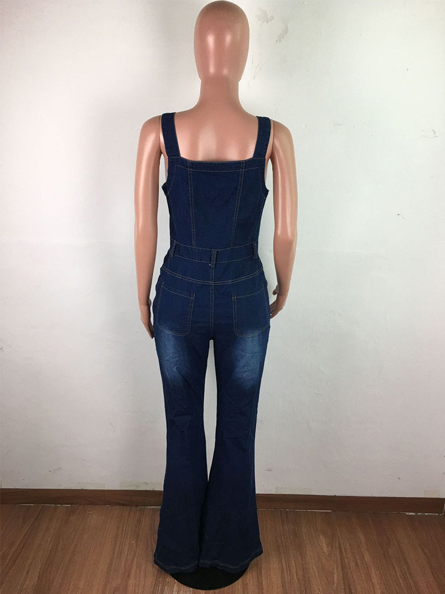 Button Up Washed Denim Jumpsuit For Women - Dark Blue Retro Bodycon Flare Leg Overalls - Summer Chic Streetwear 2026