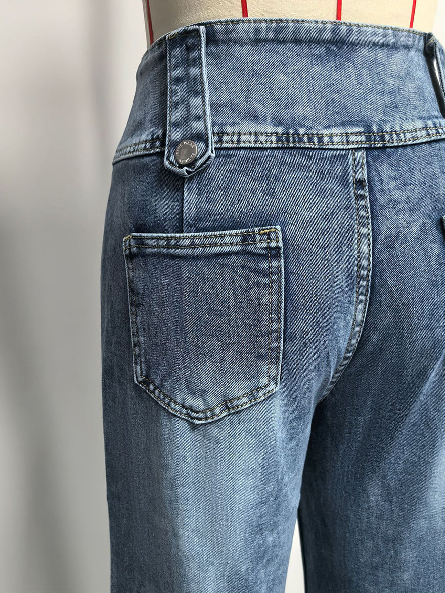High Waisted Wide Leg Jeans For Women - Medium Blue Vintage Side Button Relaxed Denim Pants - Spring Chic Streetwear 2026