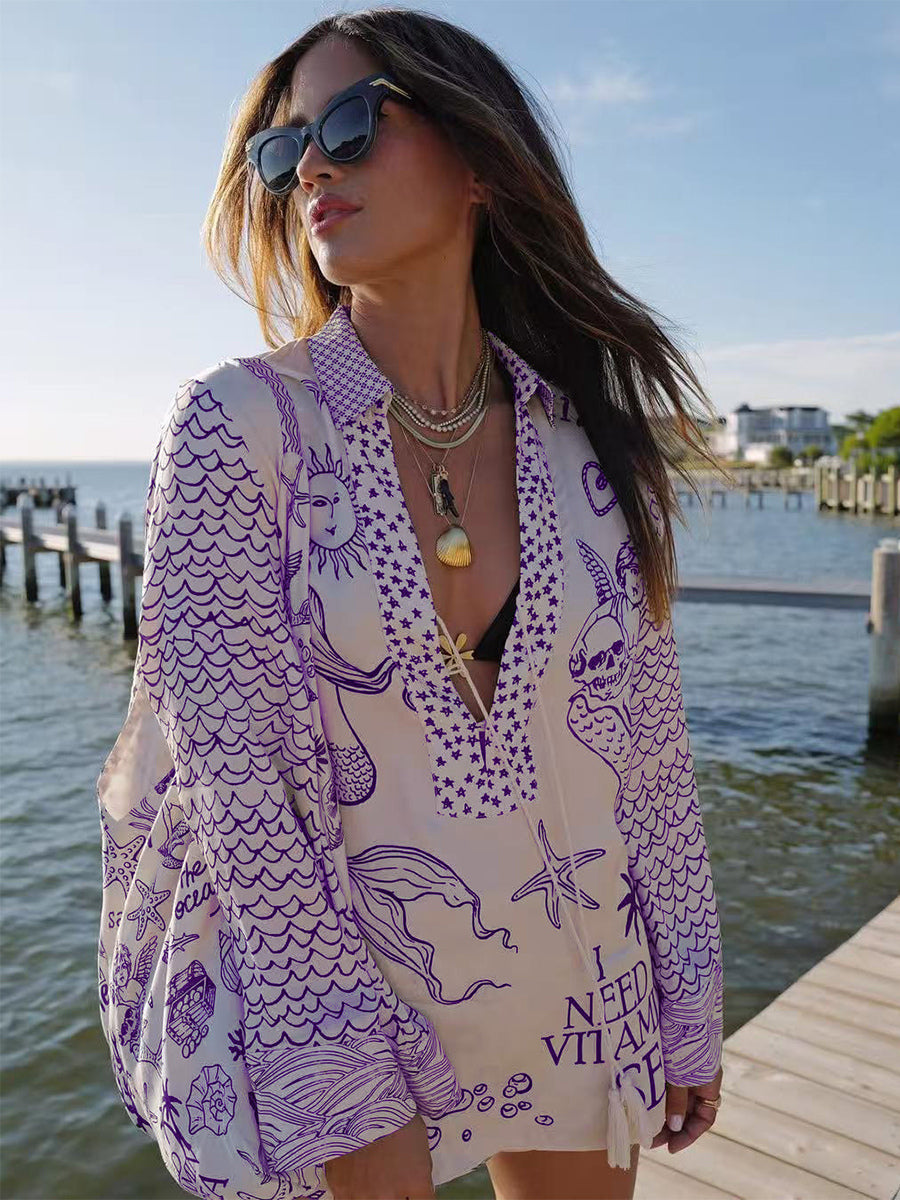 Satin Print Pajama Set For Women - Coastal Graphic V-Neck Long Sleeve Shirt And Shorts - Summer Cruise Party 2026