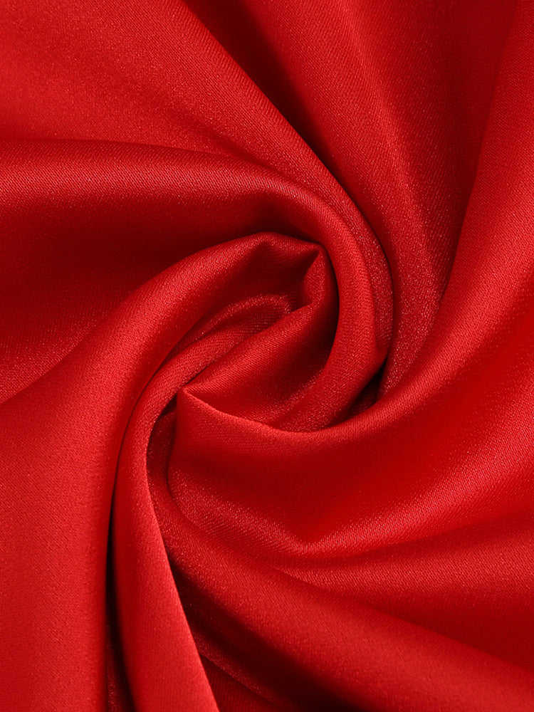Elegant Rosette Maxi Evening Dress For Women - Red Satin Backless Bodycon Long Gown With 3D Flowers - Summer Prom Party 2026