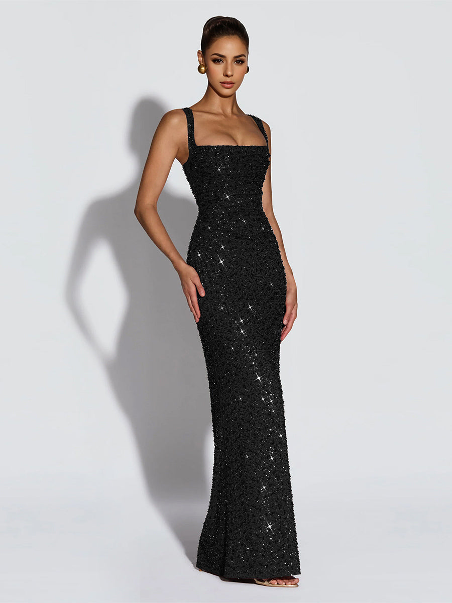 Sparkly Sequin Maxi Formal Dress For Women - Square Neck Slim Fit Back Lace-up Bodycon Mermaid Gown - Summer Gala Prom 2026