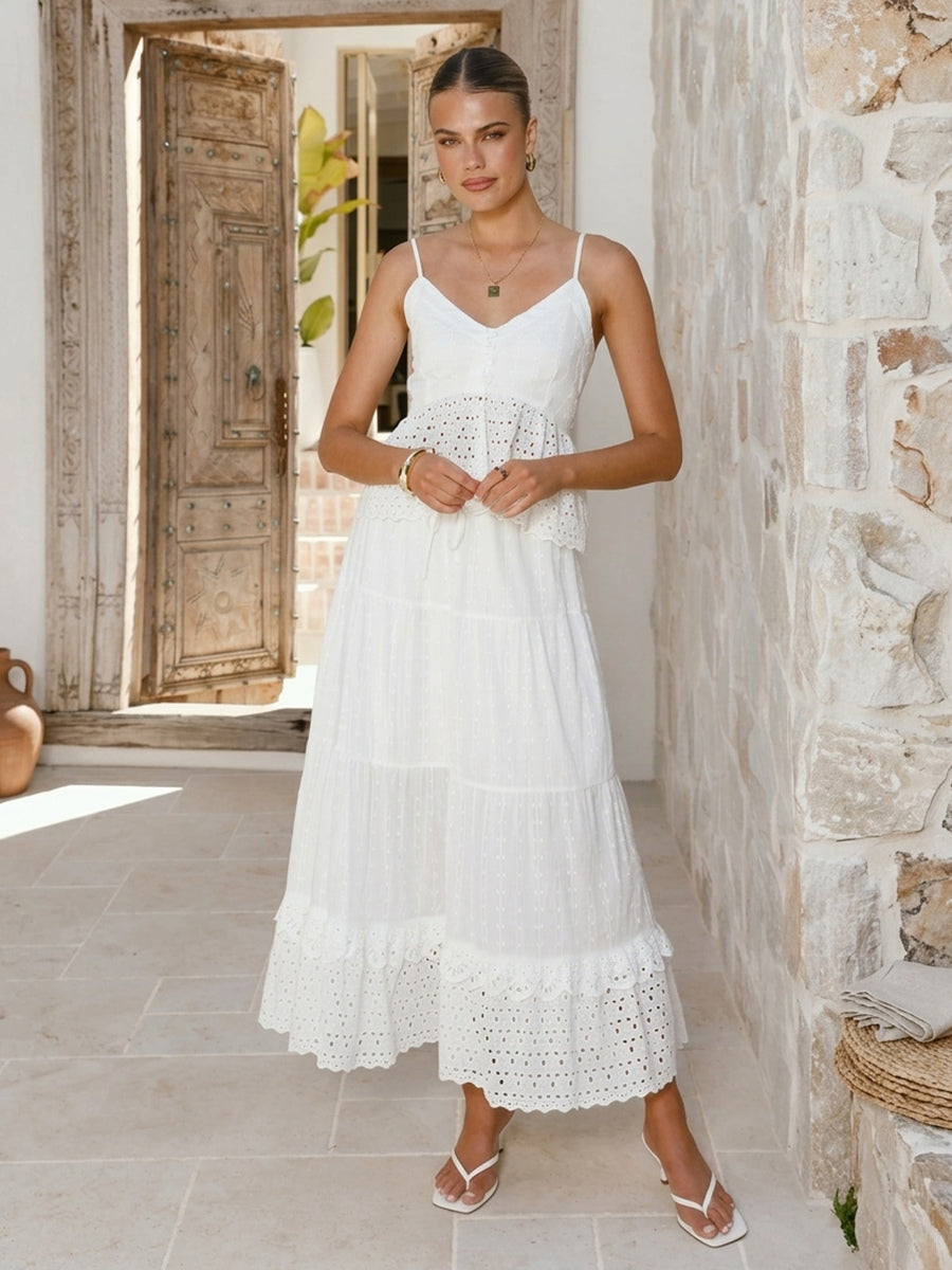 Eyelet Cotton Two Piece Set For Women - White Boho Camisole Tiered Maxi Skirt - Summer Beach Party 2026