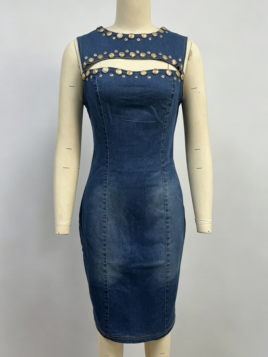 Denim Cutout Bodycon Dress For Women - Blue Studded Sleeveless Slim Fit Pencil Sheath Midi Dress - Summer Party Clubwear 2026