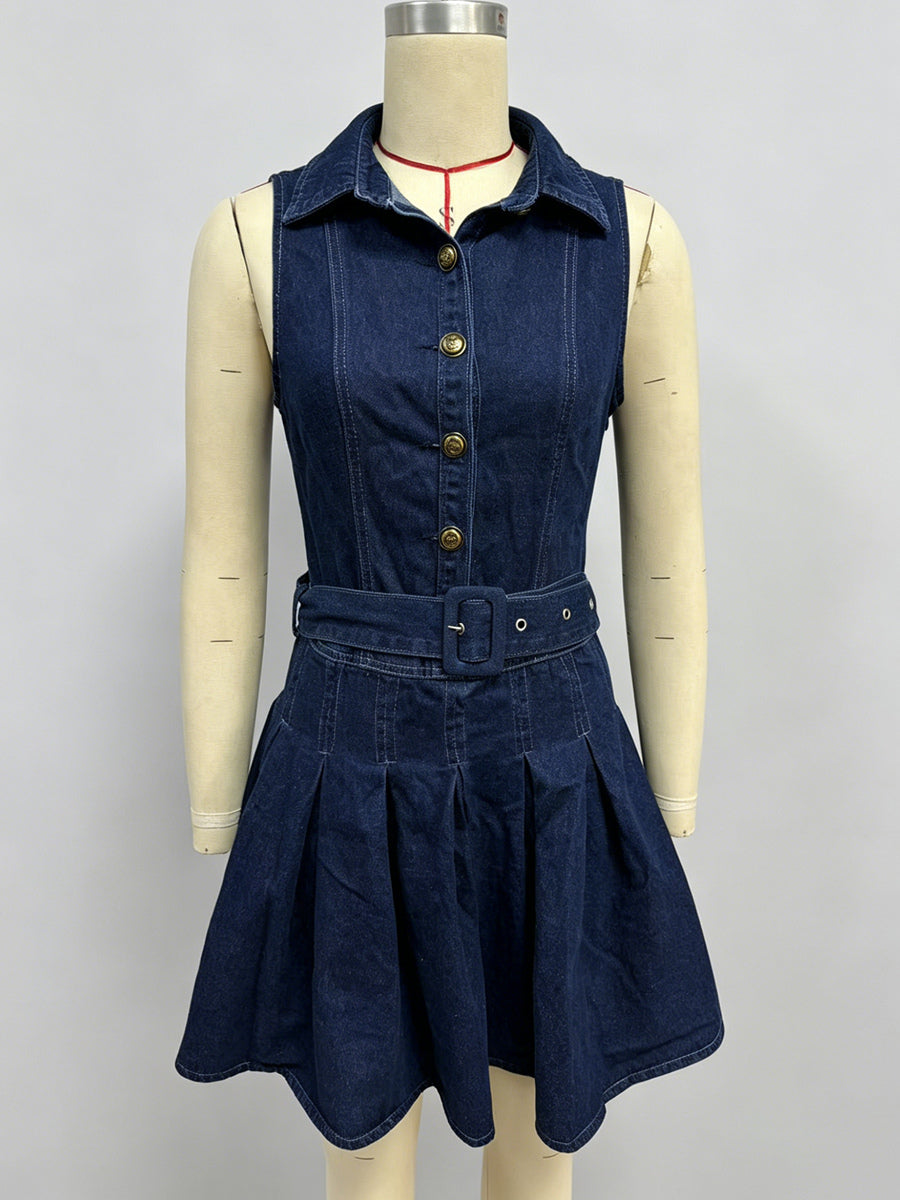 Sleeveless Denim Mini Dress For Women - Y2K Pleated Belted Button Up Jean Skater Dress - Summer Casual Picnic 2026