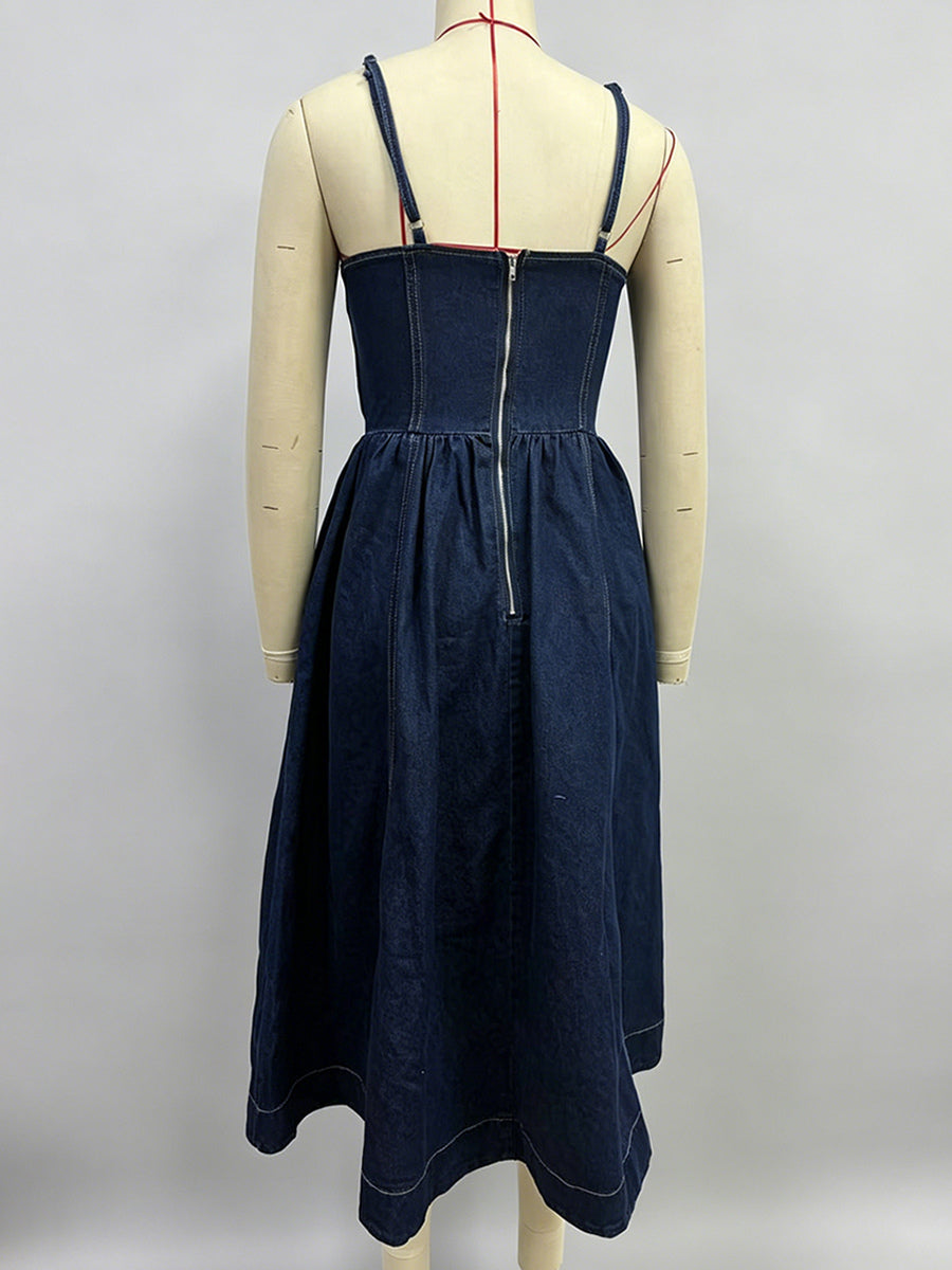 Denim Midi Sun Dress For Women - Dark Blue Sexy Corset Top Pleated A-Line Slip Dress - Summer Casual Picnic 2026
