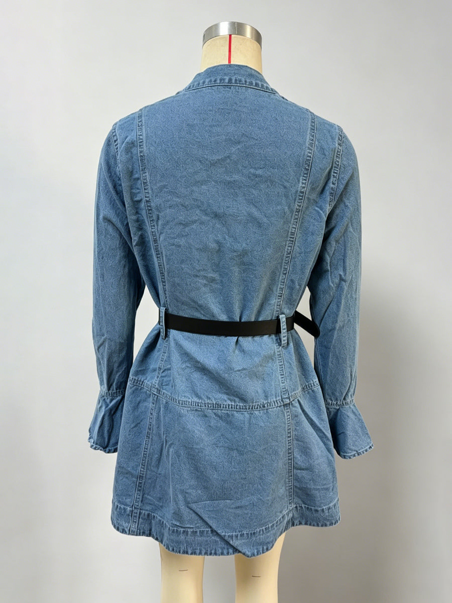 Bell Sleeve Mini Denim Dress For Women - Light Blue Flare Cuff Button Down Belted Jean Shirt Dress - Spring Daily Casual 2026