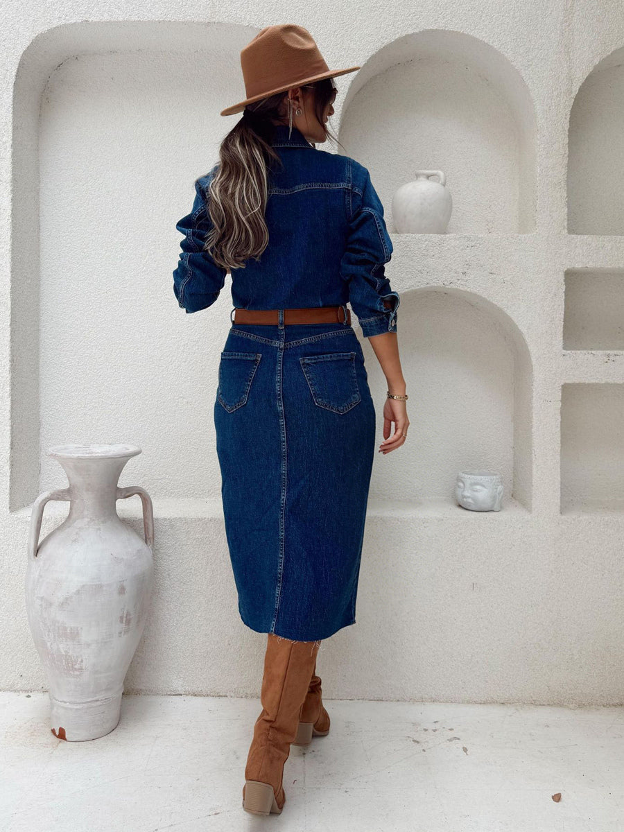 Long Sleeve Denim Midi Dress For Women - Blue Western Style Button Front Split Front Bodycon Jean Dress - Spring Daily Casual 2026