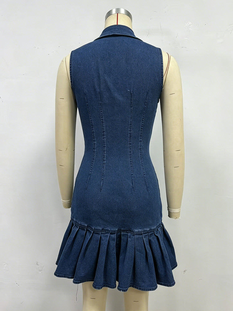 Sleeveless Mini Denim Dress For Women - Dark Blue Beaded Collar Button Up Ruffle Hem Slim Fit Jean Dress - Summer Casual Party 2026