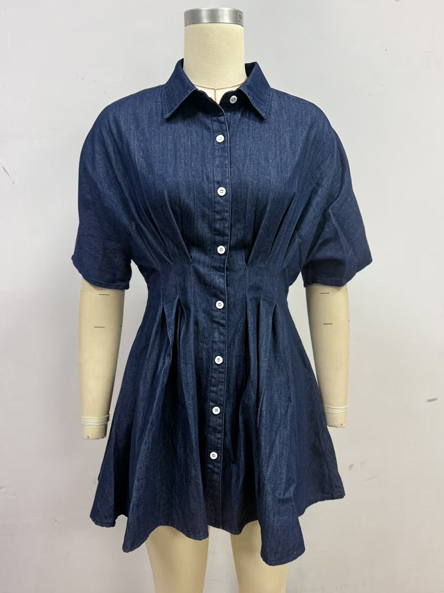 Short Sleeve Mini Denim Dress For Women - Dark Blue Pleated Waist Button Down Jean Shirt Dress - Summer Casual Party 2026