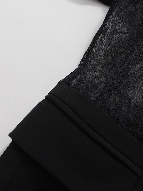 Sexy Lace Patchwork Blazer For Women - Black Gothic Sheer Mesh Waist Slim Fit Suit Jacket - Spring Evening Party 2026