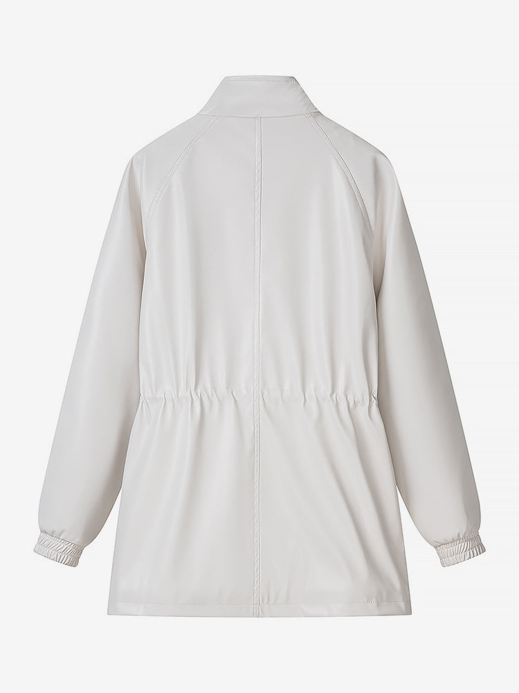 Faux Leather Safari Jacket For Women - Drawstring Waist High Neck Cargo Pocket Midi Coat - Spring Chic Streetwear 2026