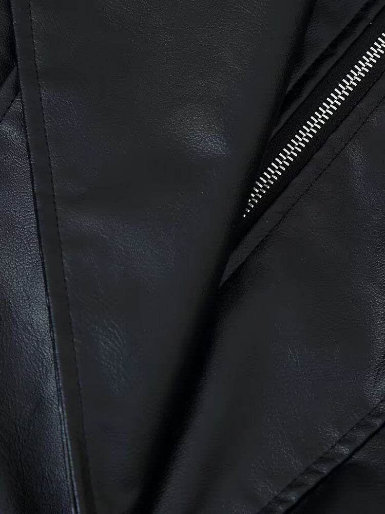 Oversized Faux Leather Bomber Jacket For Women - Black Retro High Neck Loose Moto Biker Coat - Spring Chic Streetwear 2026