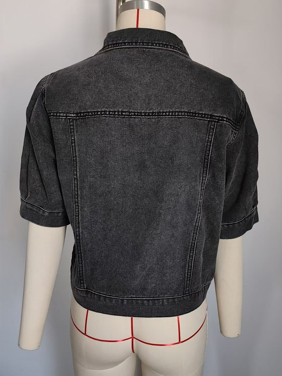 Puff Sleeve Denim Jacket For Women - Retro Half Sleeve Cropped Jean Trucker Coat - Summer Spring Streetwear 2026