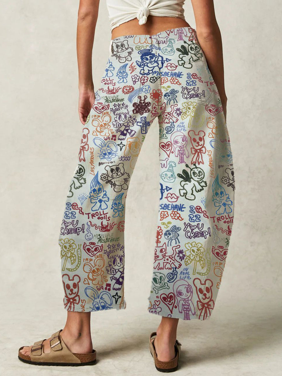 Graffiti Print Barrel Jeans For Women - Boho Horseshoe Cut Wide Leg Denim Trousers - Spring Picnic Outfit 2026