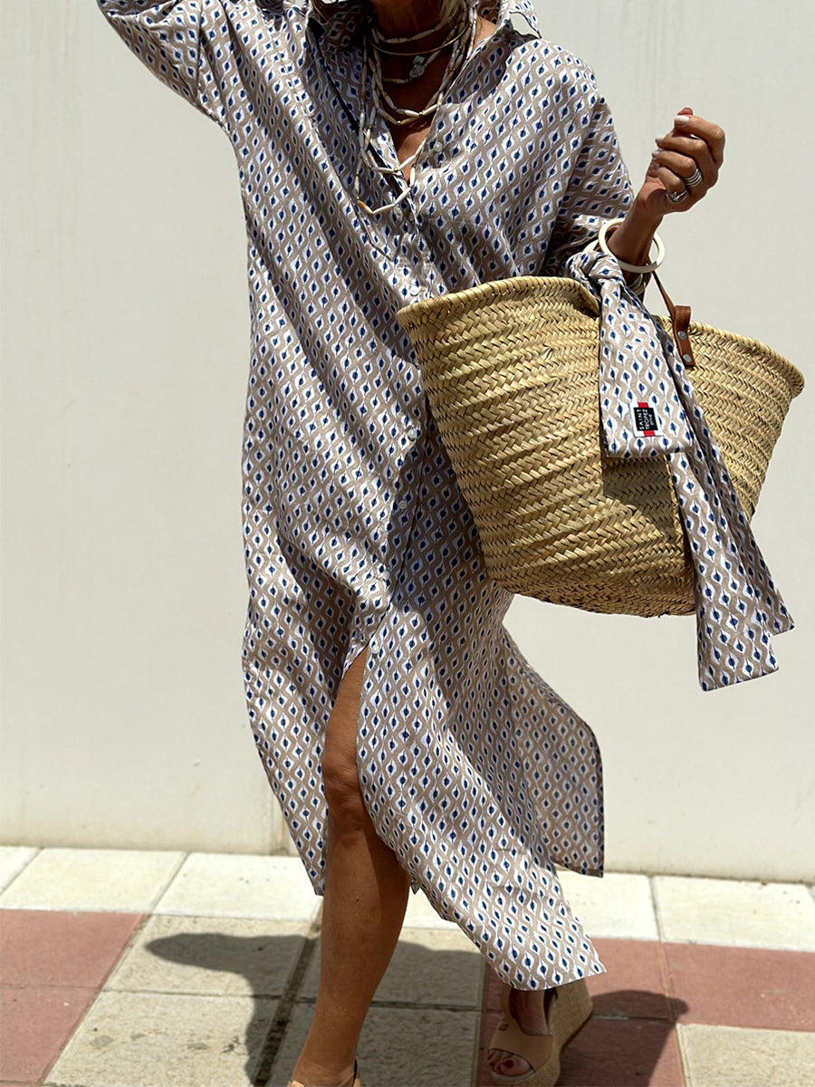 Printed Shirt Dress For Women - Casual Collared Button Down Tie Waist Midi Kaftan - Summer Beach Resort 2026