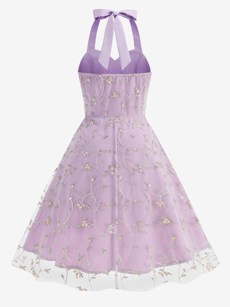 Vintage 1950s Floral Midi Dress For Women - Halter Neck Mesh Embroidery A-Line Sundress - Spring Garden Wedding Guest 2026