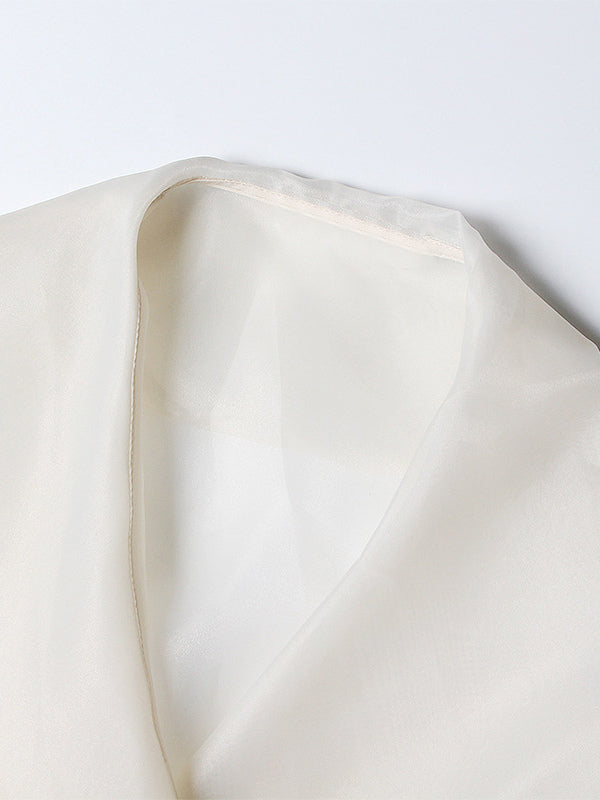 Embroidered Organza Blouses Puff Sleeve Tops For Women - Apricot Boho Tie Waist Sheer Wrap Shirt - Summer Garden Party 2026