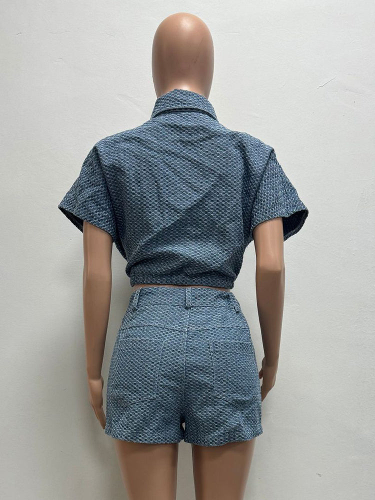 Waffle Denim 2 Piece Set For Women - Blue Short Sleeve Tie Front Crop Top And Shorts Co-ord - Summer Casual Outfits 2026