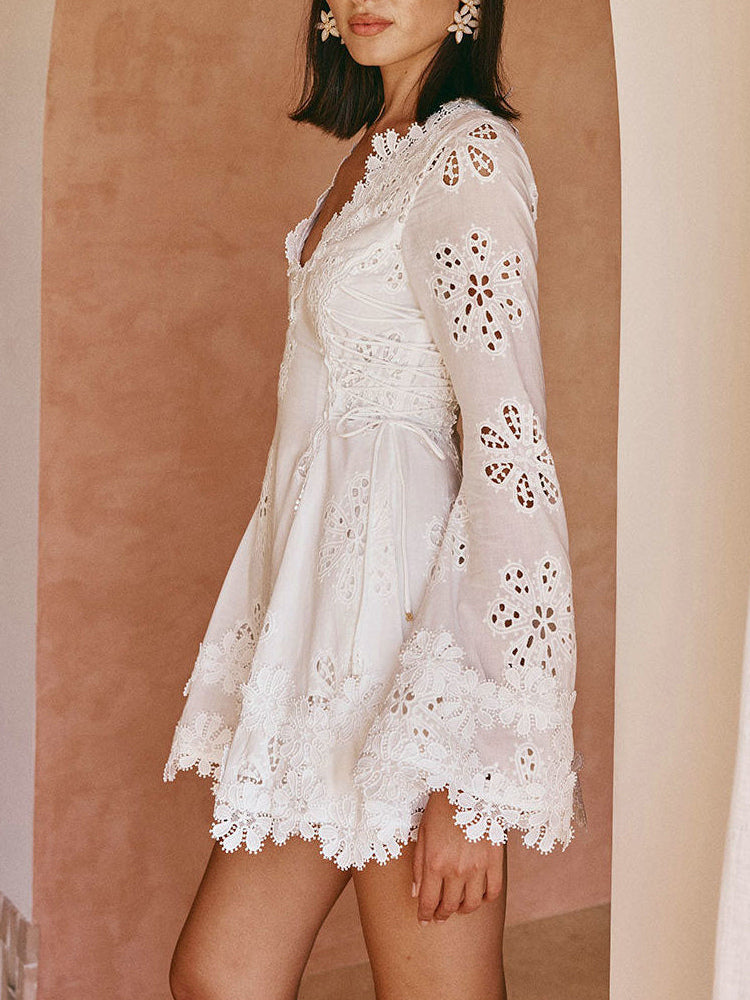White Eyelet Lace Mini Dress For Women - Boho V Neck Long Sleeve Side Lace-up Fit And Flare Dress - Spring Resort 2026