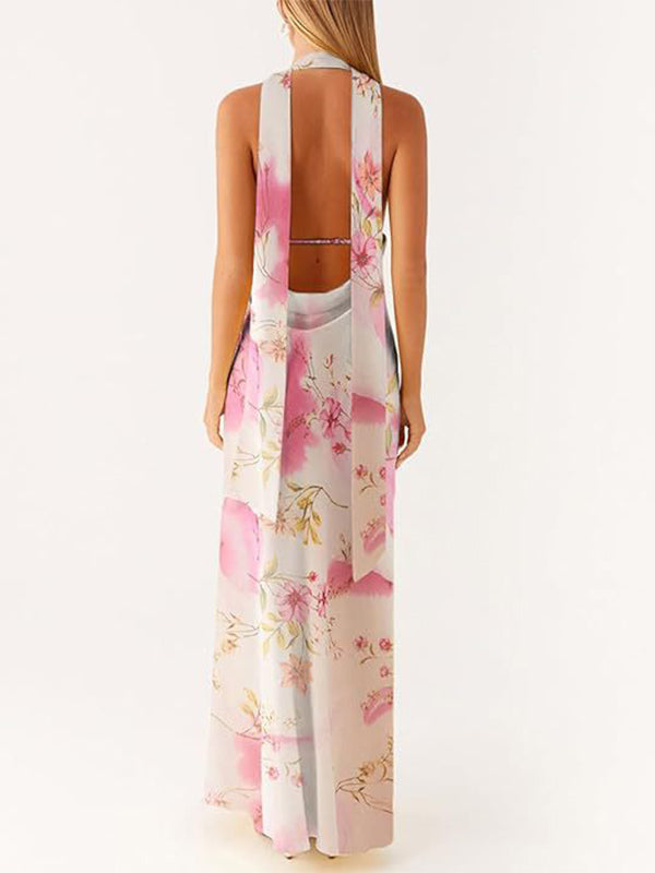 Minimalism Halter Neck Maxi Dress For Women - Elegant Backless Sleeveless Prom Gown With Scarf - Summer Formal Evening 2026