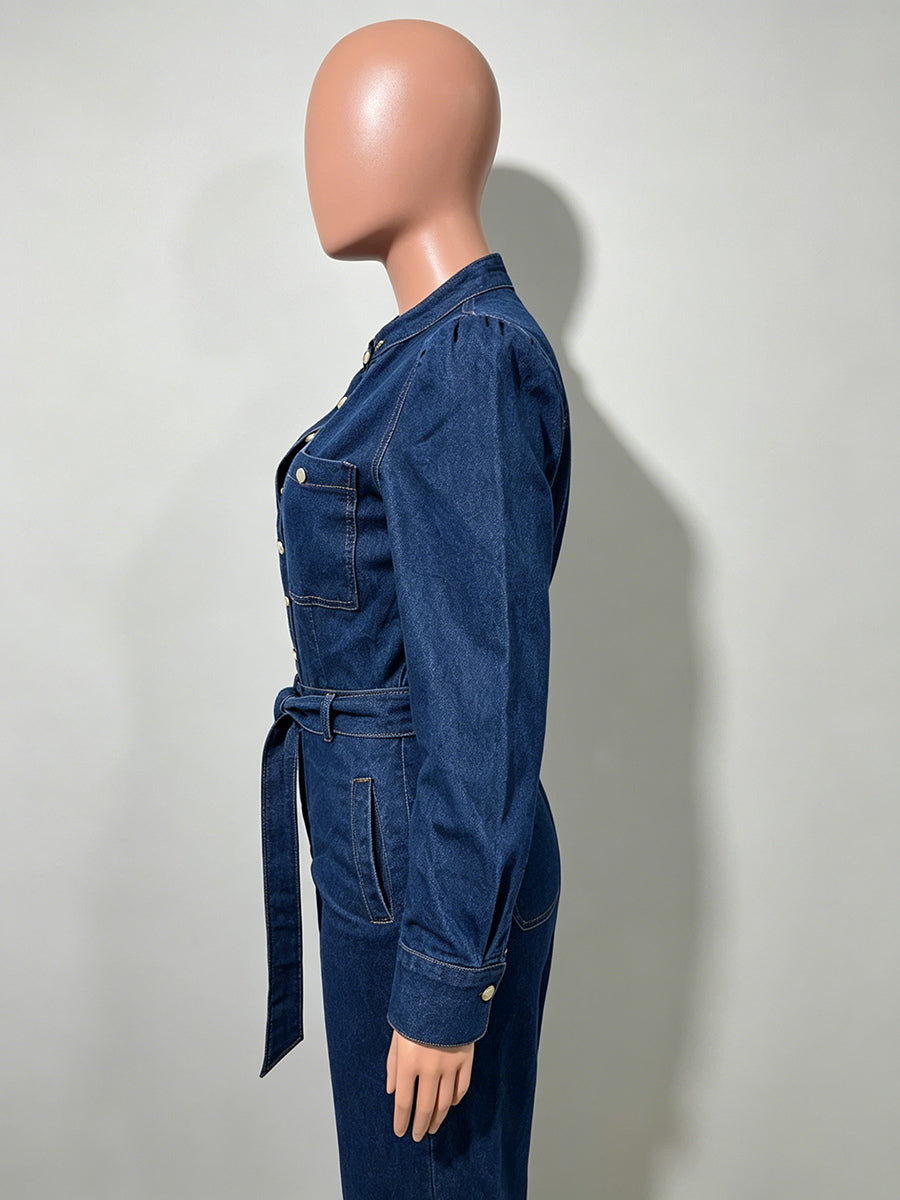 Puff Sleeve Denim Jumpsuit For Women - Dark Blue Retro Wide Leg Belted Button Front Romper - Spring Casual Party Wear 2026