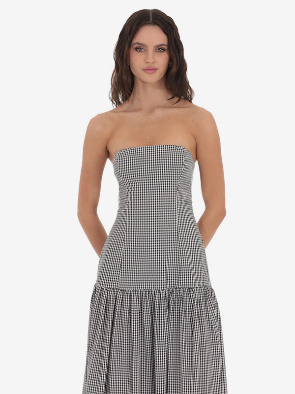 Strapless Gingham Maxi Dress For Women - Plaid Bandeau Drop Waist Long Sundress - Summer Picnic 2026