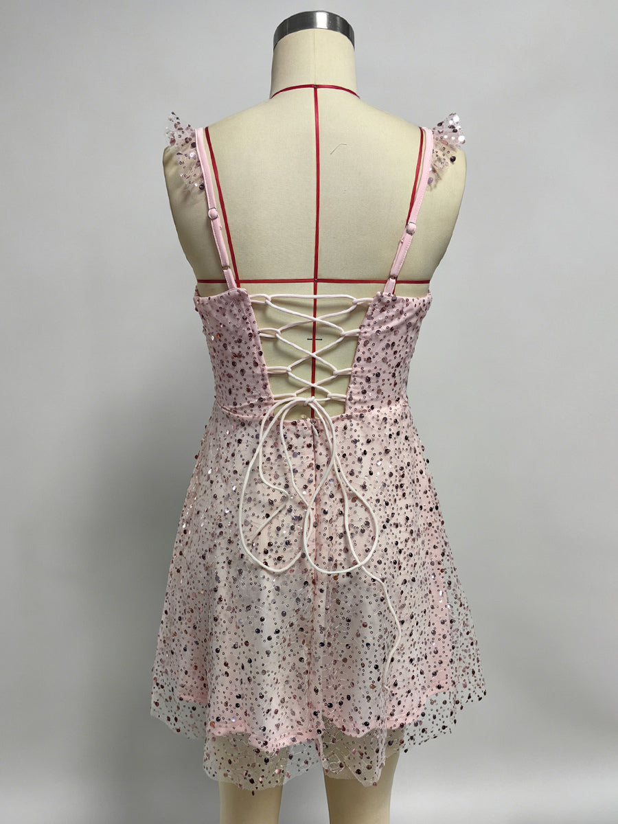 Sequin Tulle Mini Dress For Women - Sweetheart Neck Lace Up Back Sleeveless A-Line Sun Dress - Summer Birthday Party 2026