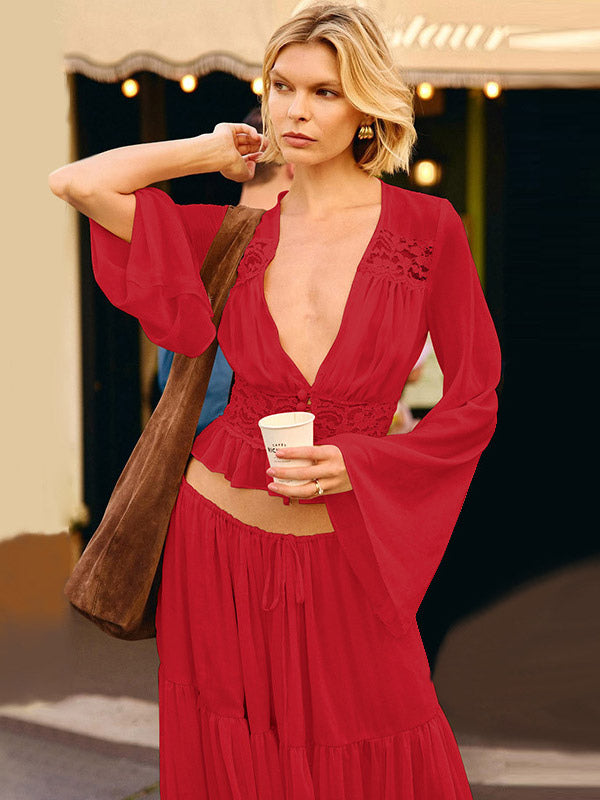 Two Piece Sets Skirt Set Maxi Dresses Apricot Resort Wear Buttons Casual V-Neck Long Sleeves Sets