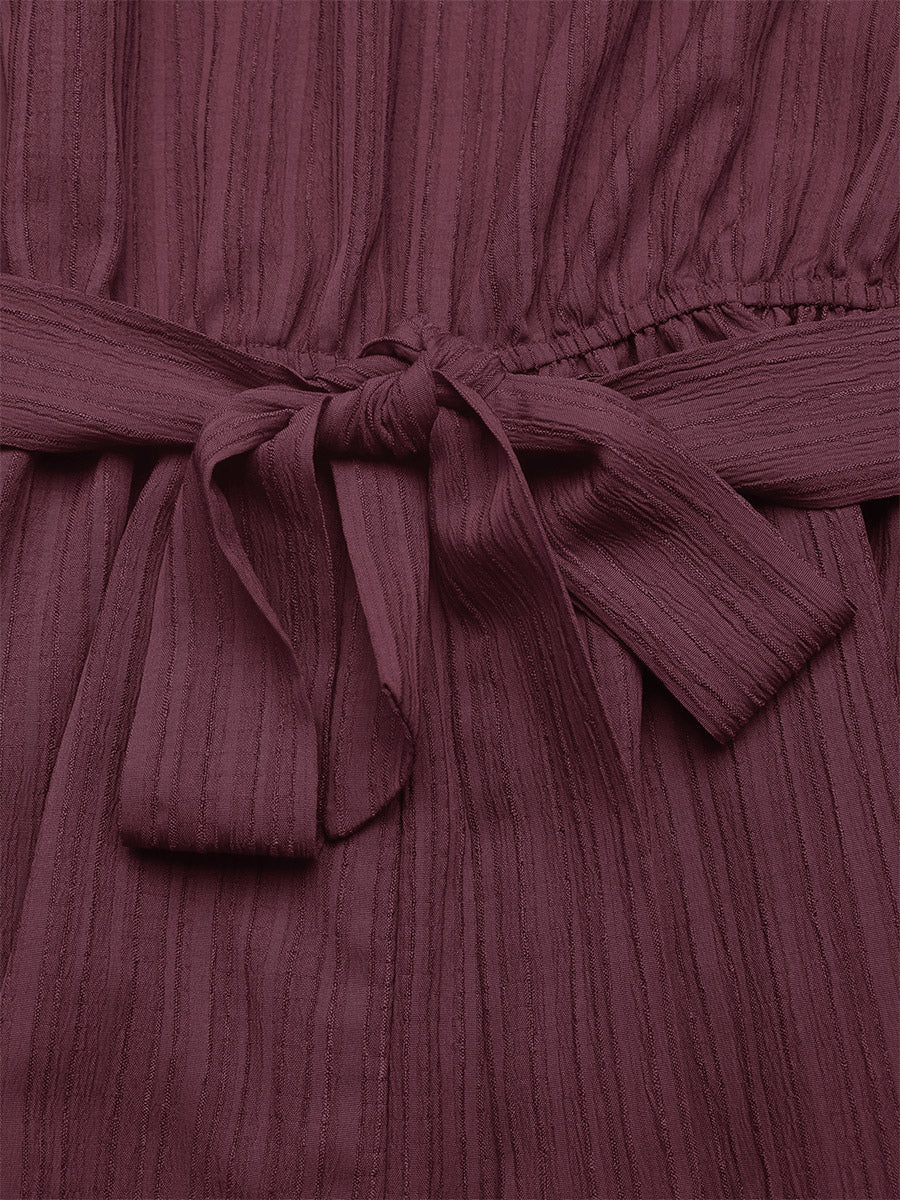 Women's Mauve One-Shoulder Belted Romper Textured Fabric Tie Waist Casual Summer Playsuit