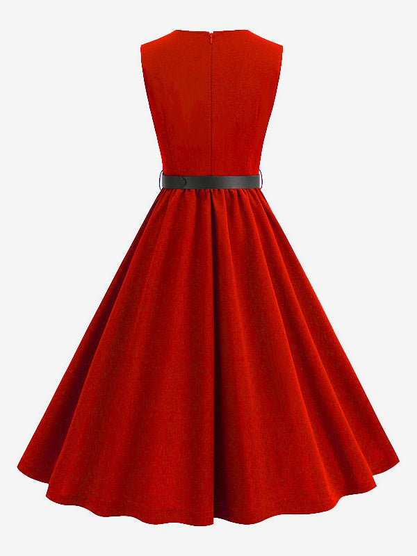 Vintage Chic Red Fitted Waist Midi Dress