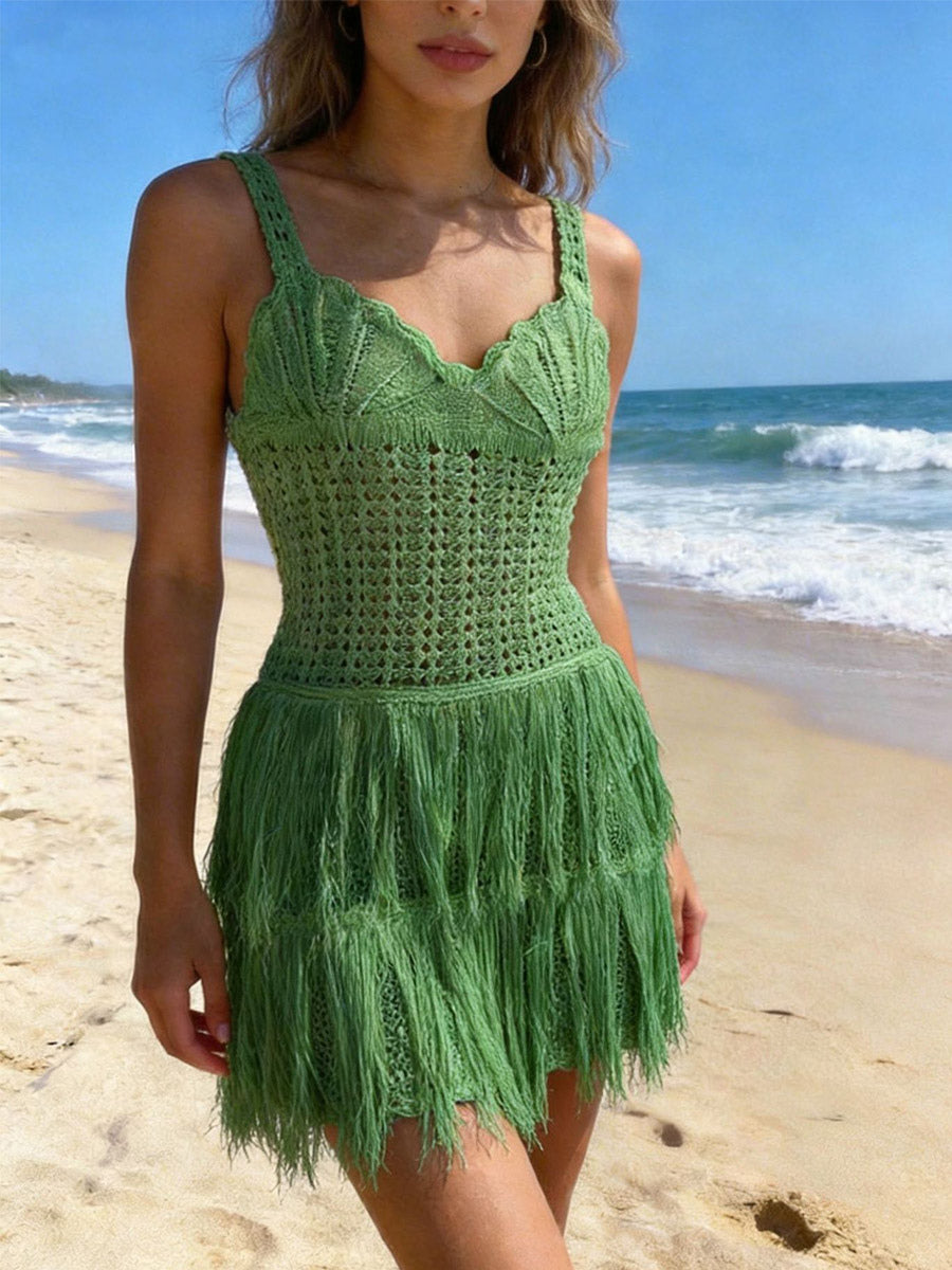 Creamy Yellow Crochet Fringe Cami Mini Dress For Women Boho Beach Style