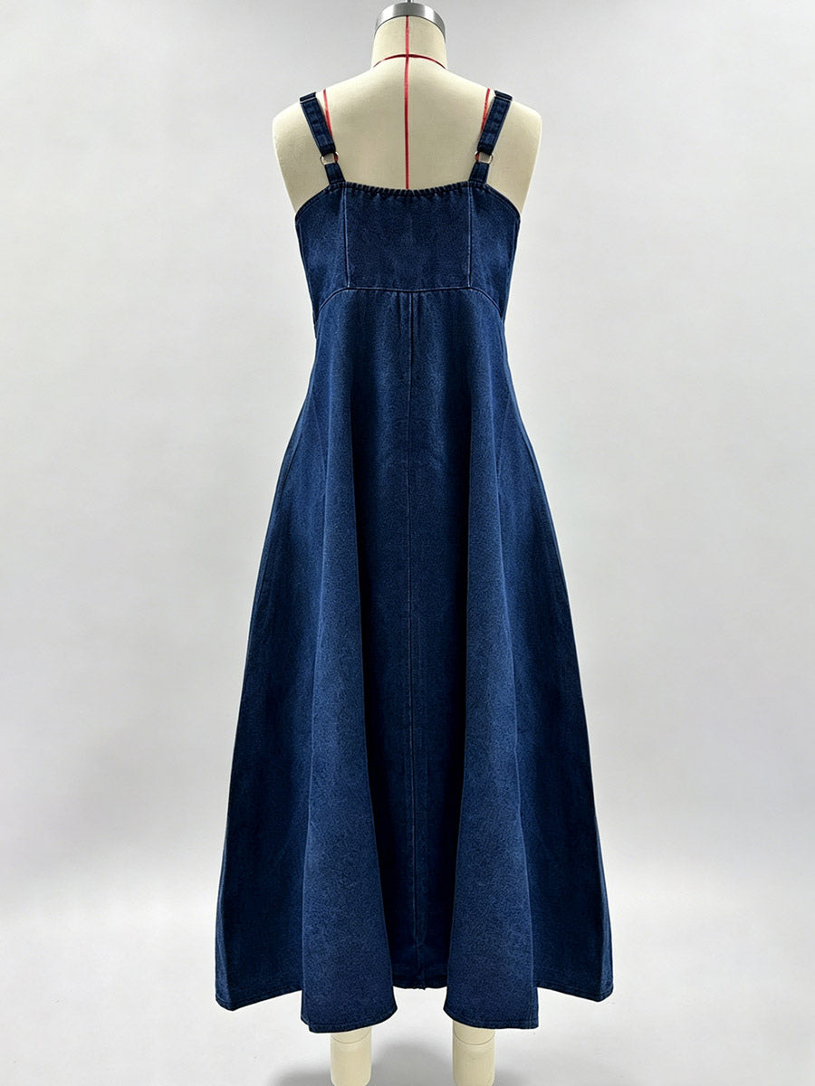 Navy Blue Square Neck Spaghetti Strap Midi Dress For Women Classic Elegance