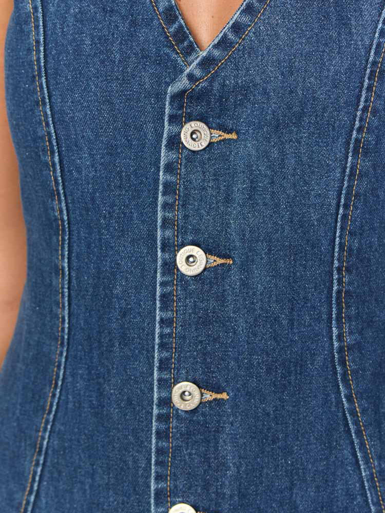 Navy Blue V Neck Sleeveless Denim Mini Dress For Women Retro Chic