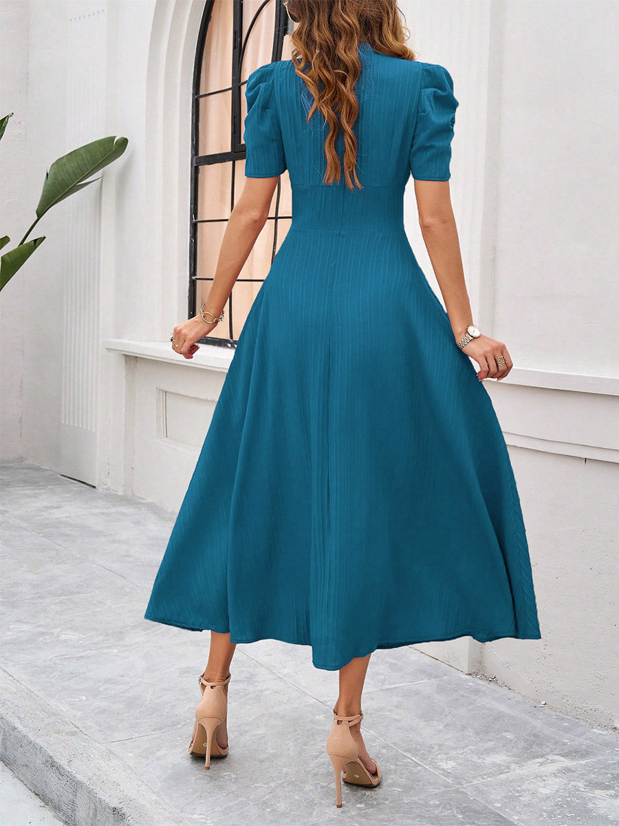 Burgundy Puff Sleeve V Neck Midi Dress For Women Elegant Chic