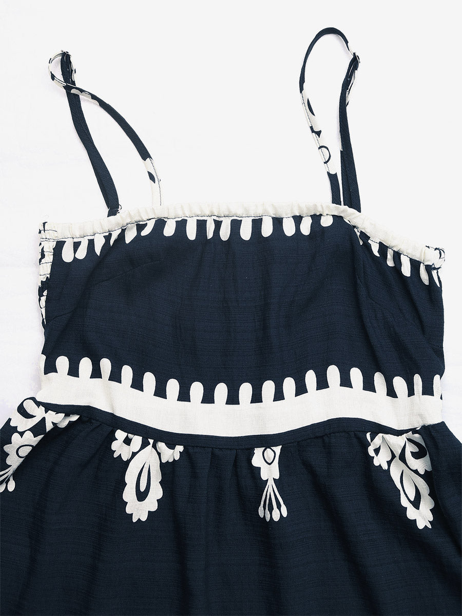 Women's Navy Blue White Print Spaghetti Strap Mini Dress Sleeveless A Line Summer Beach Dress