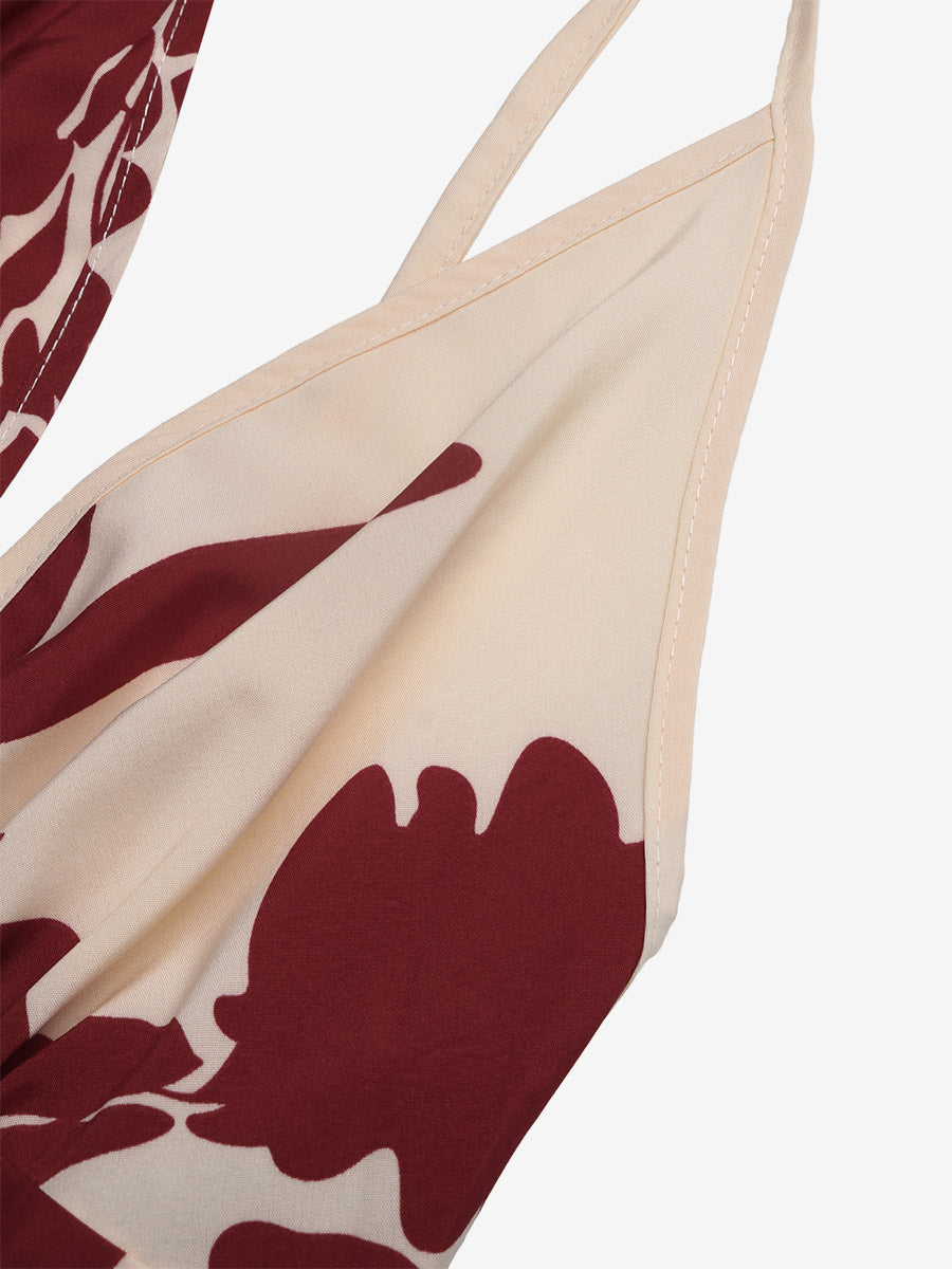 Women's Cream Burgundy Floral Print Spaghetti Strap Maxi Dress Deep V Neck Flowy Summer Beach Dress